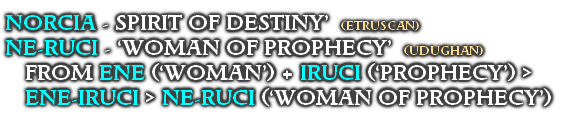 NORCIA - SPIRIT OF DESTINY’   (ETRUSCAN)
NE-RUCI - ‘WOMAN OF PROPHECY’  (UDUGHAN)
FROM ENE (‘WOMAN’) + IRUCI (‘PROPHECY’) >
ENE-IRUCI > NE-RUCI (‘WOMAN OF PROPHECY’)               